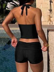 Đồ bơi nữ Tankini, Áo bơi tank top cổ yếm chấm bi nâng ngực, quần bơi ngắn cho kỳ nghỉ, đi chơi, tập gym, trang phục mùa hè thời trang, đồ đi biển màu đen - màu đen - Xem 4