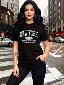 Soft 100% Cotton Letter Print T-Shirt, Breathable And Fashionable, For Family Trips, Campus, Casual Wear, Everyday Wear, Sister Sets, Versatile T-Shirt 5814, Breathable Cotton T-Shirt, Goes With Everything. - 黑色 - 查看 2