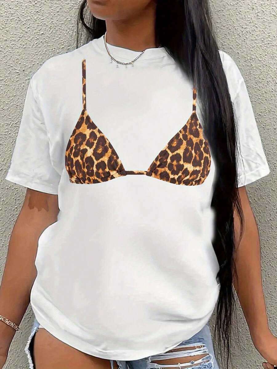 Women's Light Blue Leopard Print Lingerie Design T-Shirt - Casual Loose Fit, Crew Neck, Short Sleeve, Breathable, Versatile Shirt For All Seasons, Ideal For Casual Outfits, Parties, And Sports. | Sporty And Feminine Style, Durable And Easy-Care Fabric, Y2k T-Shirt - 白色 - 查看 1