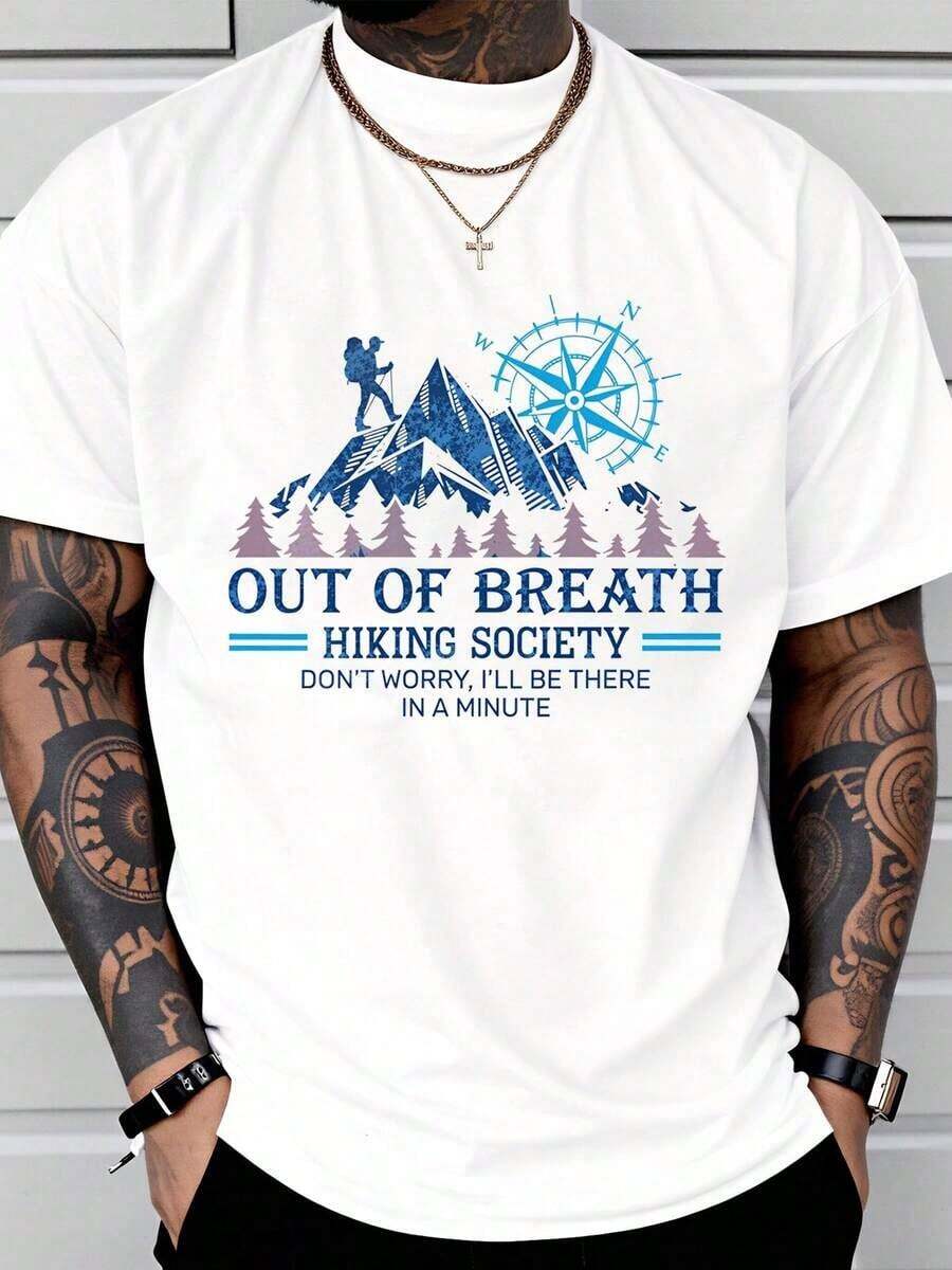 Camiseta de la Out Of Breath Hiking Society para Hombres, Camiseta de Aventura al Aire Libre y Montañismo con Diseño de Brújula y Árboles, Lema Divertido, Regalo para Excursionistas y Amantes de la Naturaleza - Blanco - Ver 1