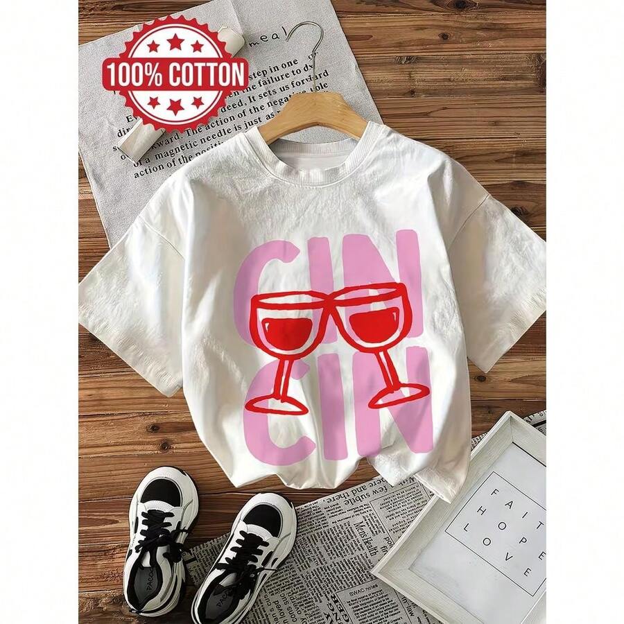 Camiseta de verano con estampado gráfico de vaso de vino estilo pintado a mano, manga corta, cuello redondo, casual y pura - [Blanco] - Ver 1