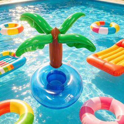 Floating Coconut Tree Drink Cup Holder, Inflatable Cartoon Cup Mat Suitable For Leisure Gatherings, Fun Inflatable Drink Tray, Swimming Pool Party Drink Float, Swimming Pool Drink Float Mat, Ideal For Hawaiian Theme Parties