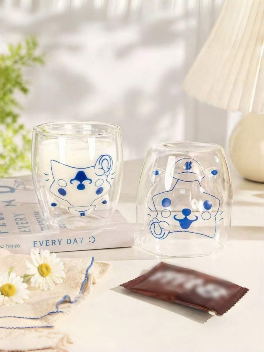 1个星猫双层玻璃杯,卡通ins风创意果汁/牛奶杯,卡通双层玻璃咖啡杯,简约礼物,适用于客厅、餐厅、甜品店、礼品、聚会、学校等场合。 - 透明 - 查看 1