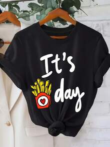 Women's Casual Crew Neck T-Shirt - "It's Day" Print T-Shirt With French Fries Design, Short Sleeve Black Top For Spring/Summer/Autumn, Casual Wear | Fun Design T-Shirt | Y2k Shiny Fabric T-Shirt - 黑色 - 查看 10