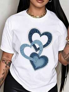 Elegant Women's T-Shirt With Heart Print For Valentine's Day | Casual Short-Sleeved T-Shirt With Round Neck And Heart Print In Denim Fabric, Perfect For All Seasons. - 白色 - 查看 1
