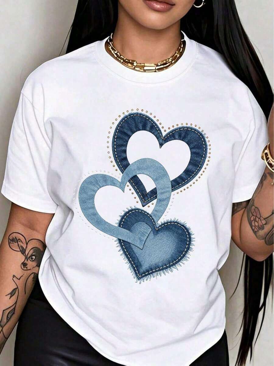 Elegant Women's T-Shirt With Heart Print For Valentine's Day | Casual Short-Sleeved T-Shirt With Round Neck And Heart Print In Denim Fabric, Perfect For All Seasons. - 白色 - 查看 1