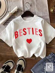 Ropa gráfica para adolescentes, camiseta de manga corta con estampado de corazón "Mejor Amiga" para chicas, camiseta de manga corta suave y elástica con cuello redondo para chicas, adecuada - Blanco - Ver 3