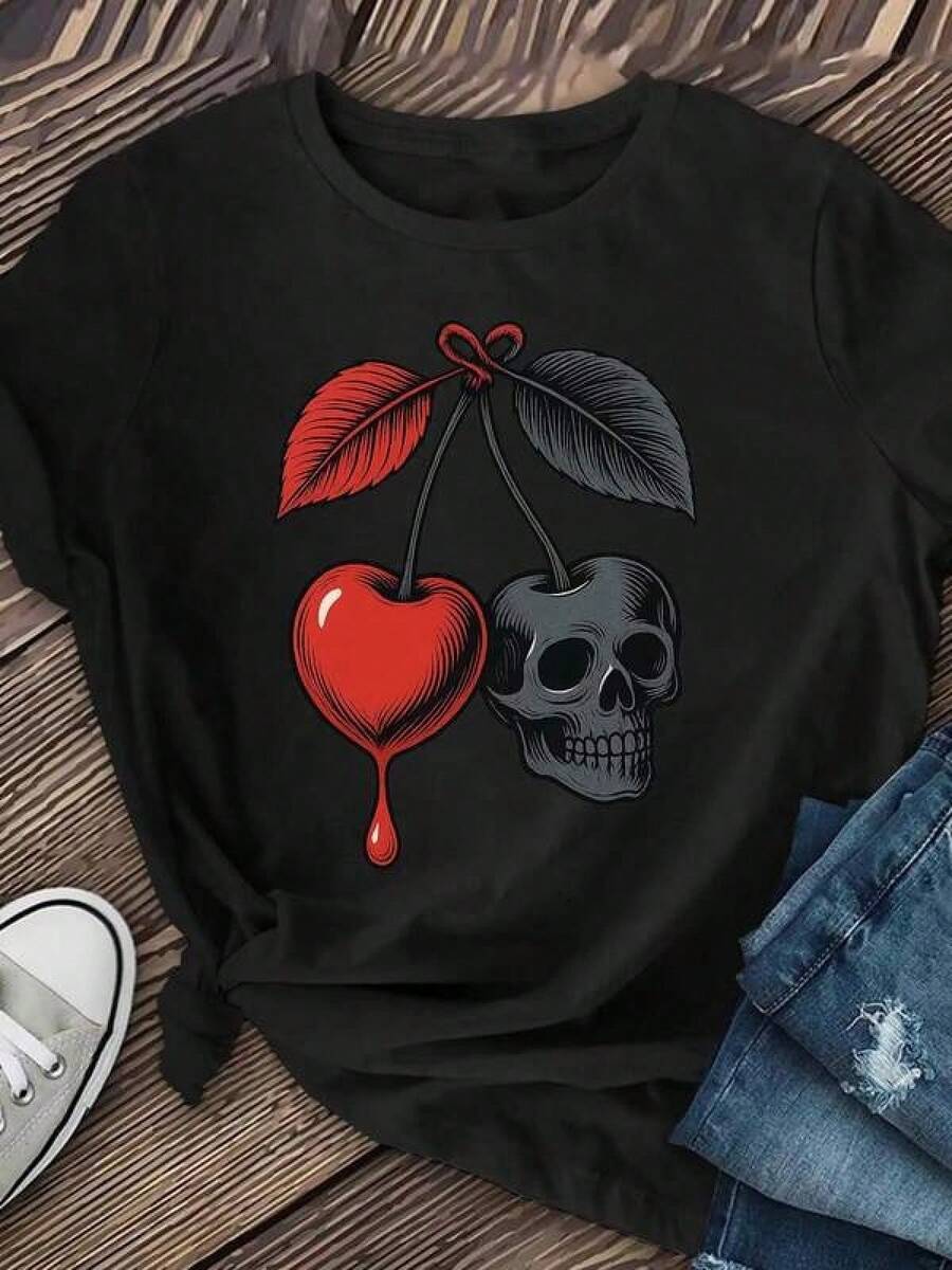 Camiseta de manga corta para mujeres con patrón de cereza y calavera, camiseta casual de manga corta, ropa de mujer, camiseta casual de primavera y verano, camiseta suelta, casual y versátil Children's clothing - Negro - Ver 1