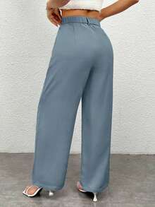 Pantalones anchos de unicolor informal para mujeres - Azul - Ver 2