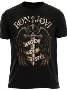 Vintage Rock Band Bon Jovi Sword Wings Print TShirt, Great For Lounging, Going Out Or Gift Giving Ideal For Christmas, Valentine's Day And Rock Music Loversblusas para mujer,blusas casuales para dama,tops,, mujer premium,y2k,playeras de mujer curvy,ofertas y liquidaciones ropa mujer,playeras deportivas para mujer,,playeras de hombre, mujer,blusas>elegante ZAVG - Negro - Ver 1