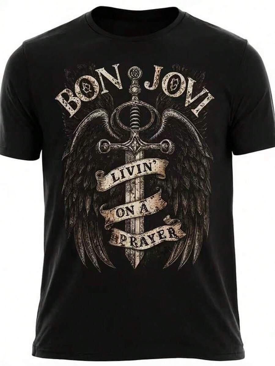 Vintage Rock Band Bon Jovi Sword Wings Print TShirt, Great For Lounging, Going Out Or Gift Giving Ideal For Christmas, Valentine's Day And Rock Music Loversblusas para mujer,blusas casuales para dama,tops,, mujer premium,y2k,playeras de mujer curvy,ofertas y liquidaciones ropa mujer,playeras deportivas para mujer,,playeras de hombre, mujer,blusas>elegante ZAVG - Negro - Ver 1