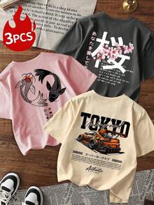 Camiseta de manga corta con cuello redondo y estampado de letras y peces koi para mujer, estilo casual, holgado y versátil, ideal para uso diario en vacaciones y para un look veraniego a la moda. - Blanco - Ver 7