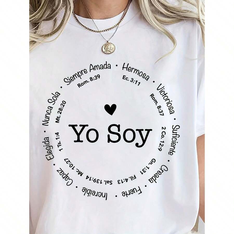 I AM Women's Plus Size Short Sleeve T-Shirt - Inspirational Print With Bible Verses And Affirmations In Spanish, White With Black Letters, Casual Top For Spring, Summer And Autumn, Comfortable Everyday Wear - 白色的 - 查看 1