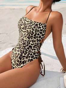 Traje de baño de una pieza con estampado de leopardo y cordones en el cuello para mujer, casual para playa y fiestas de primavera/verano, marrón/rojo - Café integral - Ver 6