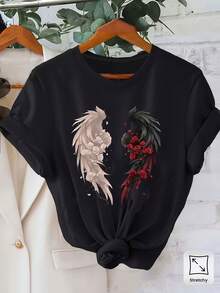 Plus Size - Plus Size - Women's Elegant Gothic Phoenix Bird Print Short Sleeve T-Shirt, Ideal For Curvy Figures, Comfortable And Chic Clothing For All Seasons, Perfect For Everyday Casual Outfits And Urban Style Essentials. - 黑色 - 查看 8