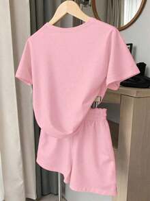 Conjunto informal de 2 piezas con estampado de limón y rayas, adecuado para uso diario - Rosa Pálido - Ver 2