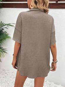 Conjunto de 2 piezas con blusa de manga corta de cuello de botones y shorts con lazo delantero, sencillo, para mujer - Caqui 2 - Ver 2