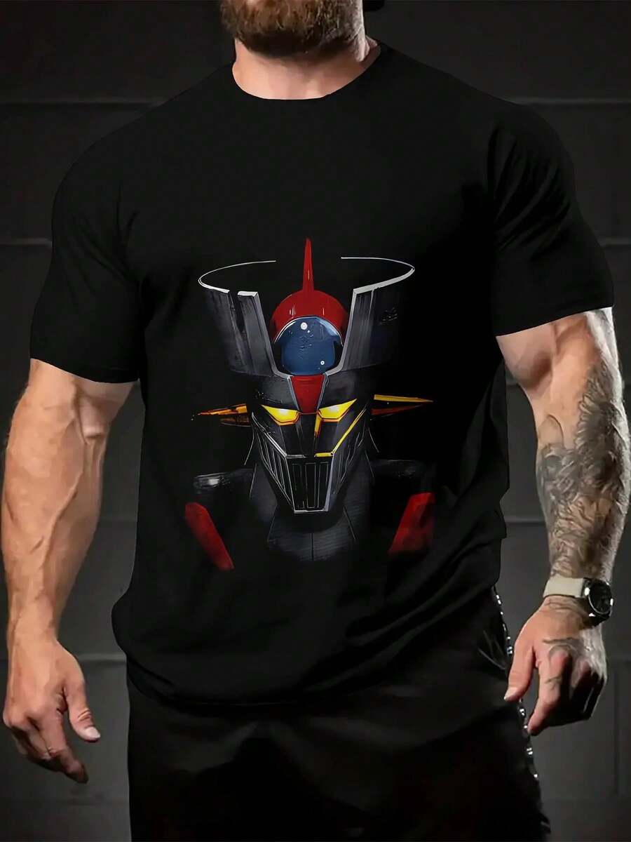 Camiseta de Algodón 100% Puro Mazinger Z Estilo Casual Gráfico Negro - Cuello Redondo, Manga Corta, Suave y Cómoda, Estampado de Retrato en Negrita, Moda Urbana para Todas las Estaciones, Ropa Casual de Calle  Camiseta de Cuello Redondo  Camiseta de Algod - Negro - Ver 1