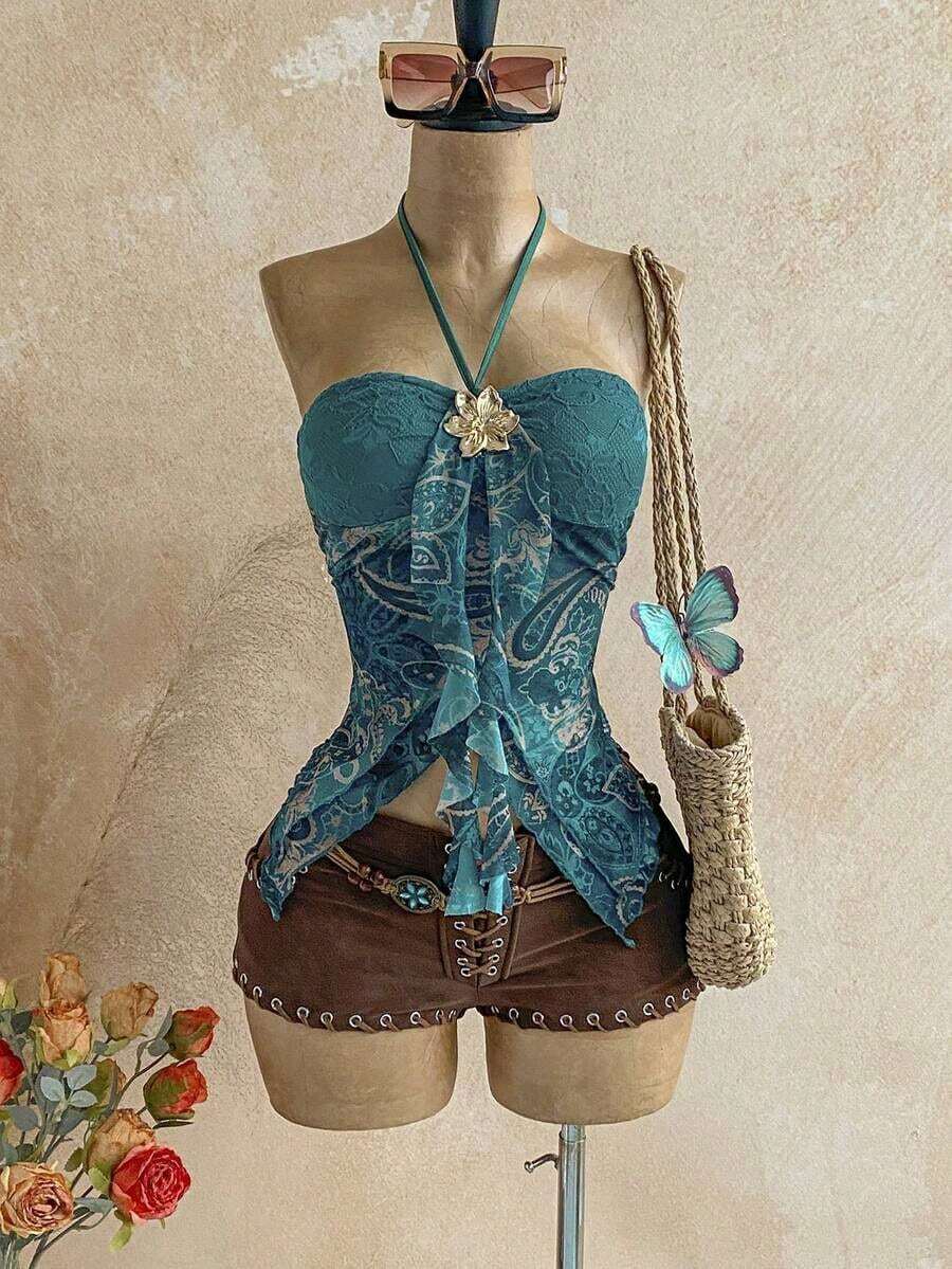 Camiseta asimétrica con decoración de conchas marinas, adecuada para vacaciones en la playa, verano - Multicolor 5 - Ver 1