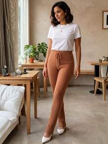 Women's Slim Fit Ribbed Knit Pants With High Waist And Adjustable Drawstring, Casual, Autumn/Winter Knitwear - Krem Gelap - View 1
