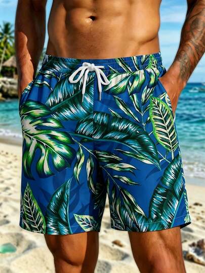 Men's Hawaiian Vacation Casual Outdoor Beach Holiday Coconut Tree 3D Digital Print Drawstring Beach Shorts, Lightweight Single Layer For Daily Wear & Vacation