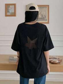 Camiseta de verano casual con inserción de malla con diseño de estrella para mujer, camiseta oversize Y2K-Vintage Street Style Unisex Loose Cotton Short Sleeve Crew Neck T-Shirtblusas para mujer. blusas.blusas casuales para dama. - Negro 2 - Ver 3