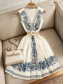 Vestido maxi floral de estilo vacacional decorativo, adecuado para uso diario, elegante y romántico con cuello en V profundo y cinturón para mujeres - Verde Oscuro - Ver 8