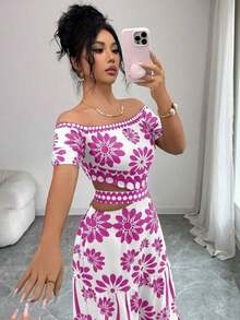 de moda con estampado floral, hombros descubiertos, manga corta y cintura hueca - Morado - Ver 4