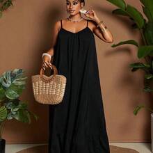 Plus Size Women Solid Color Casual Vacation Daily Wear Sleeveless Off Shoulder Ruffle Patchwork Loose Flared Maxi Dress, Summer - Burdeos - Ver 5