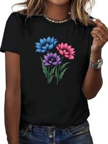 Women's T-Shirt With A Soft Floral Print – Relaxed Fit, Short Sleeves, Round Neck, Black With Blue And Pink Floral Pattern, Breathable And Machine Washable, Casual Leisurewear, Comfortable Top For All Seasons, The Choice Of Fashion Lovers, A Must-Have For Spring, A Favorite Piece For Fashion-Conscious Women, Printed Blouse, Women's Top, T-Shirt For Women, Graphic T-Shirt For Women - White - View 6