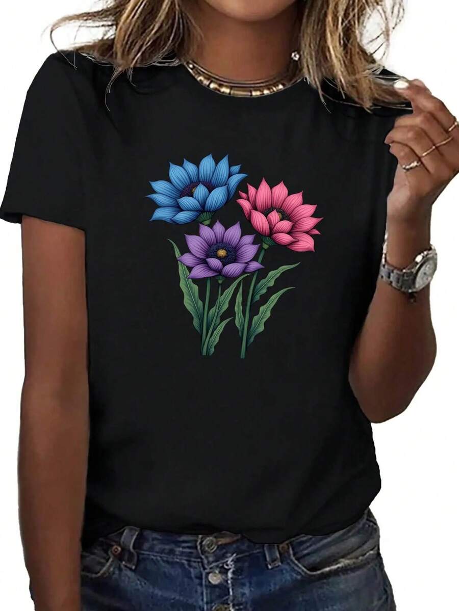 Camiseta manga corta cuello redondo 100% algodón, estampado trendy, tejido ligero y ventilado, estilo moda casual, apta para vida diaria, salidas informales y citas en primavera, verano y otoño - Negro - Ver 1