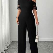 Elenzya Plus Size Women Casual Solid Color Minimalist Asymmetric Jumpsuit - Negro - Ver 5