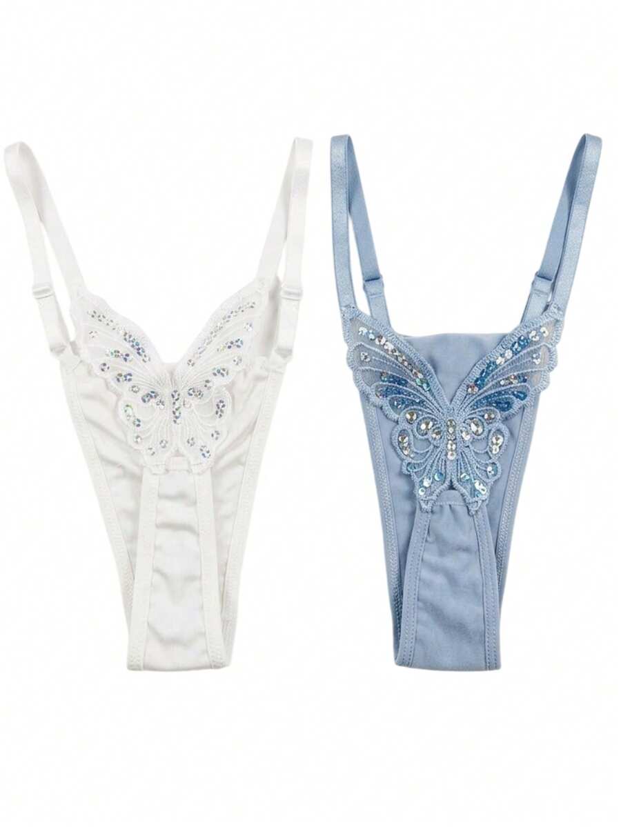 Butterfly Panties Kit 2 Microfiber Thong Lingerie Sexy Sensual Adjustable G-String - White and Baby Blue - View 1