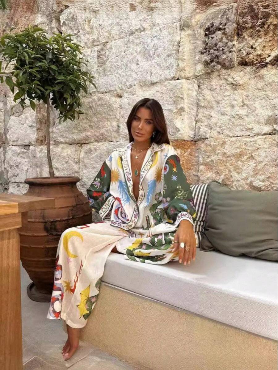 KZKZWK Women's Celestial Sun & Nature Print Kimono Shirt & Wide Leg Pants Two-Piece Set, Sold Out Viral Vacation Co-Ord, Bohemian Open Front Cover Up And Hig - Apricot - View 1