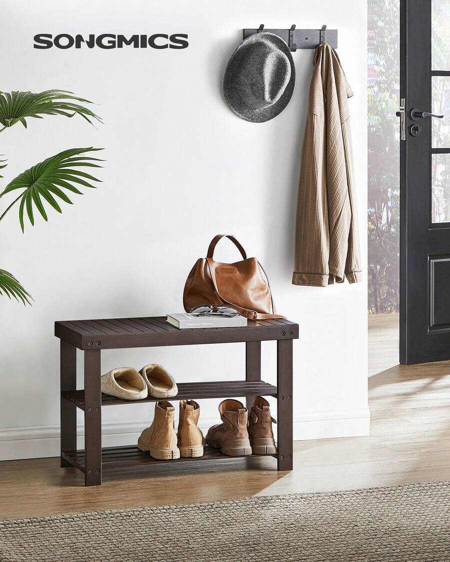 SONGMICS Shoe Rack Bench, 3-Tier Bamboo Shoe Storage Organizer, Entryway Bench, Holds Up To 286 Lb, 11.3 X 27.6 X 17.8 Inches, For Entryway Bathroom Bedroom - 棕色 - 查看 1