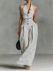 Women's Casual Button-Down Sleeveless Shirt, High-Waisted Wide-Leg Slim Fit Professional Casual Printed Striped Jumpsuit - trắng - Xem 5
