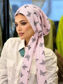 Khăn trùm đầu kiểu turban in hình bướm, màu be, chất liệu vải nhăn, nhẹ, kín đáo dành cho phụ nữ Hồi giáo. - màu sắc - Xem 14