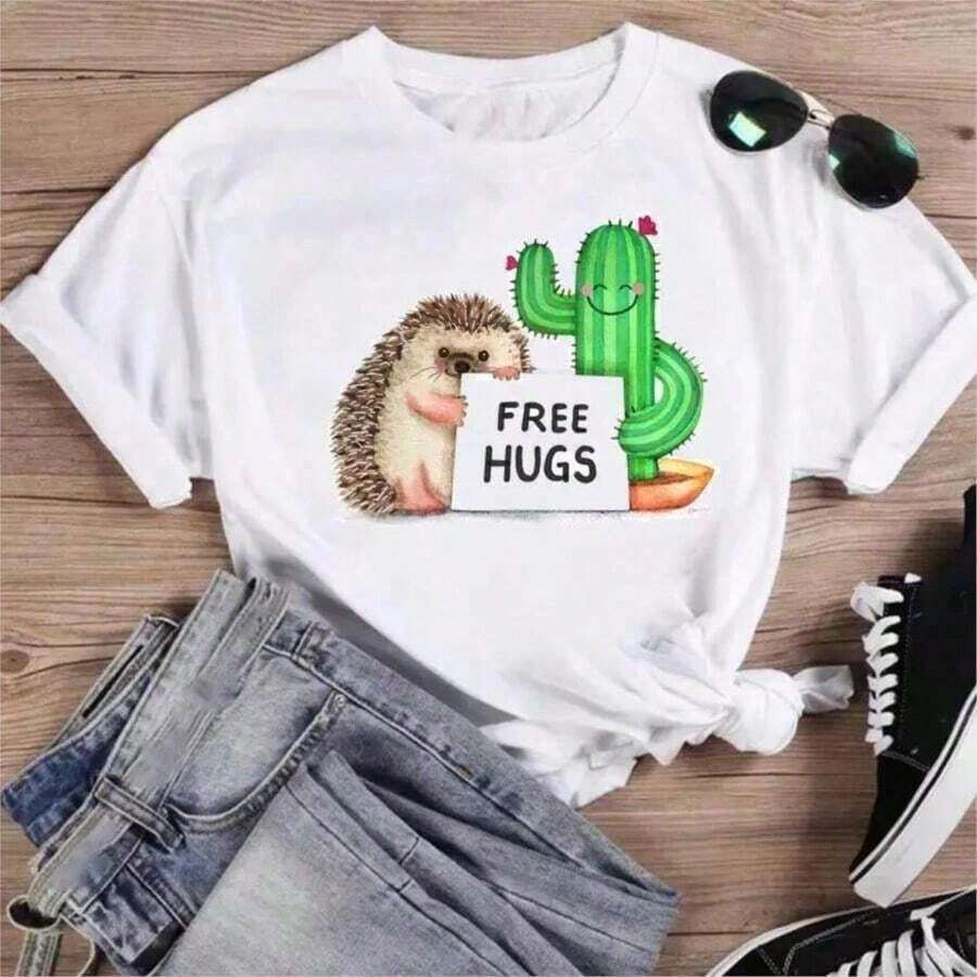 COOL SUMMER Women's Cartoon Fish Print T-Shirt, Soft Cotton, Short Sleeve, Vintage Style, Unisex, Loose Fit, Cotton, Round Neck, Casual Street Style, Blouses For Women, Women's T-Shirts, Casual Blouses For Ladies. - 白色 9 - 查看 1