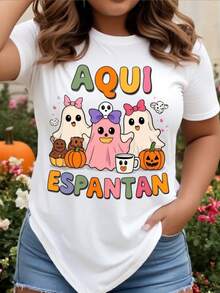 Camiseta linda española "Aqui Espn" de la mujer - Camiseta casual de manga corta de uste suelto blanco con mexicano Calavera Catrina diseño, murciélagos y calabazas para tre de fiesta de Halloween - Blanco - Ver 2