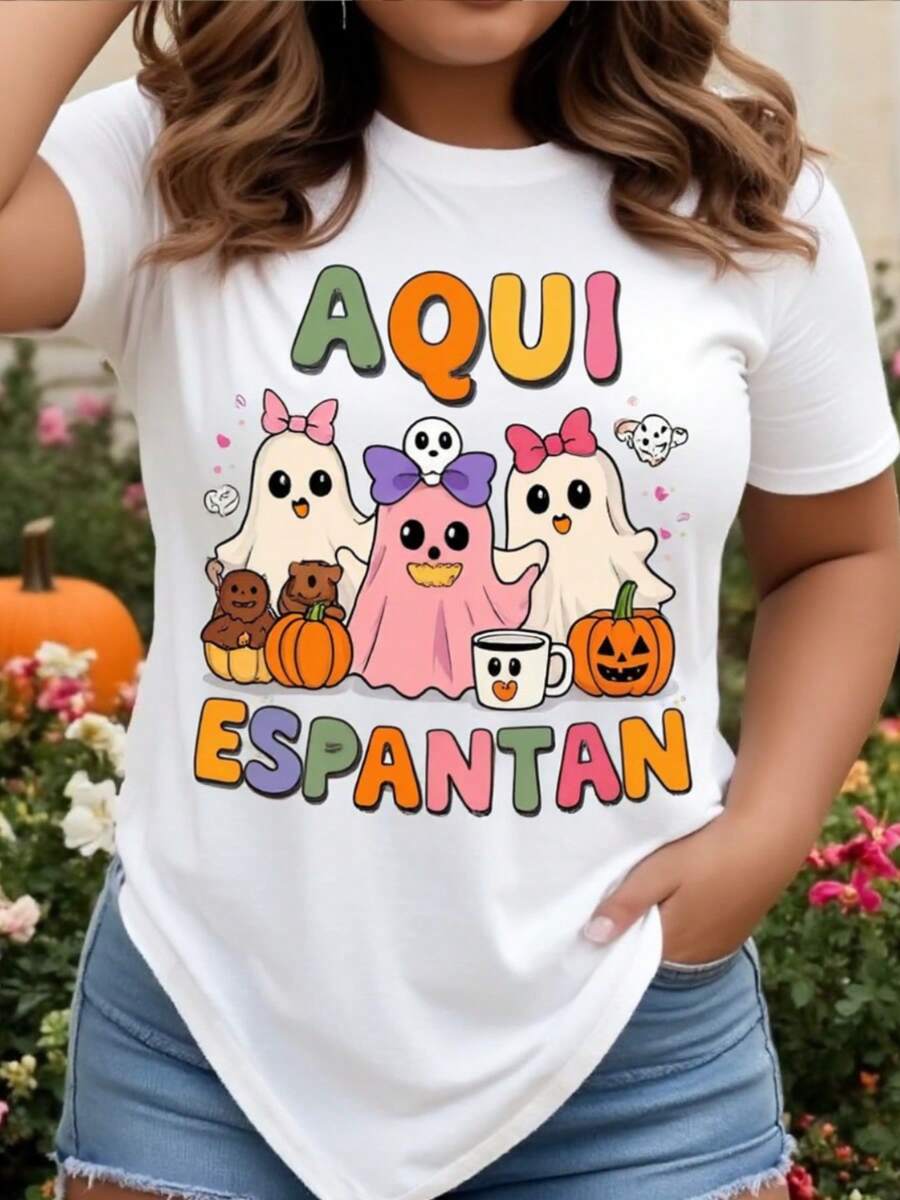Camiseta linda española "Aqui Espn" de la mujer - Camiseta casual de manga corta de uste suelto blanco con  mexicano Calavera Catrina diseño, murciélagos y calabazas para tre de fiesta de Halloween