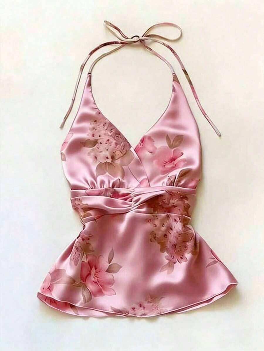 Blusa elegante y romántica con patrón floral retro, decorada con diamante de imitación, de cuello halter y corte evasé para mujeres - Rosa coral - Ver 1
