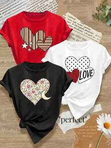 Camiseta casual de mujer de una pieza, con cuello redondo, estampado de rayas, lunares y corazones florales, opción ideal para el Día de San Valentín. - Negro - Ver 1