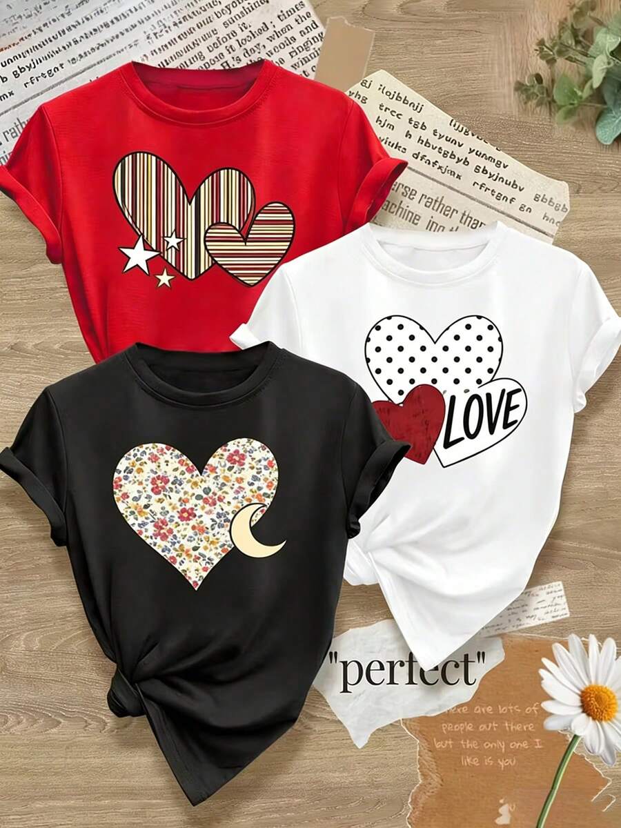 Camiseta casual de mujer de una pieza, con cuello redondo, estampado de rayas, lunares y corazones florales, opción ideal para el Día de San Valentín. - Negro - Ver 1
