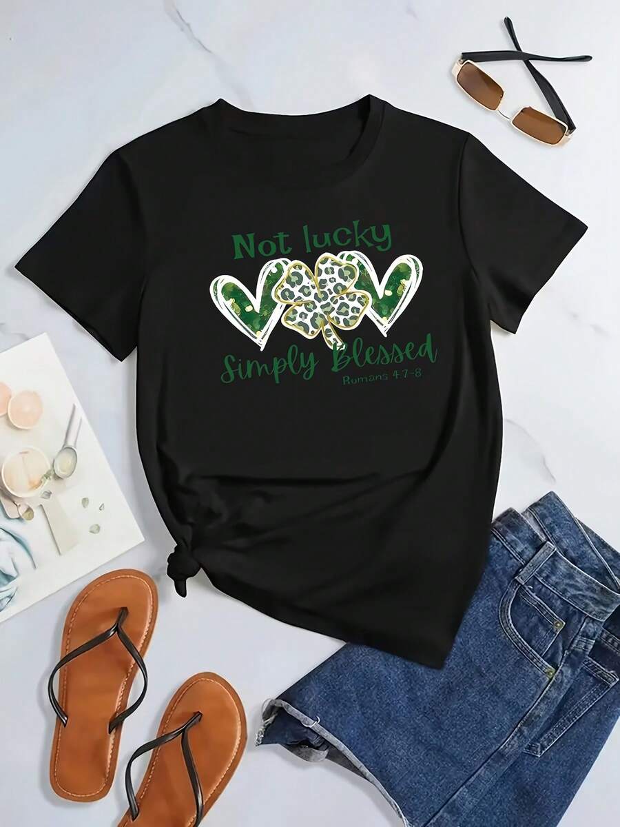 Camiseta de algodón de manga corta para mujer, camiseta con estampado Simply Blessed, top casual de manga corta con cuello redondo para primavera y verano, ropa de mujer. - Negro - Ver 1