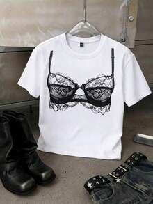 New Y2K Minimalist Summer T-Shirt With Striking Printed Tube Top, Round Neck, Short Sleeve White, Casual And Versatile For Women On Vacation - 白色 - 查看 2