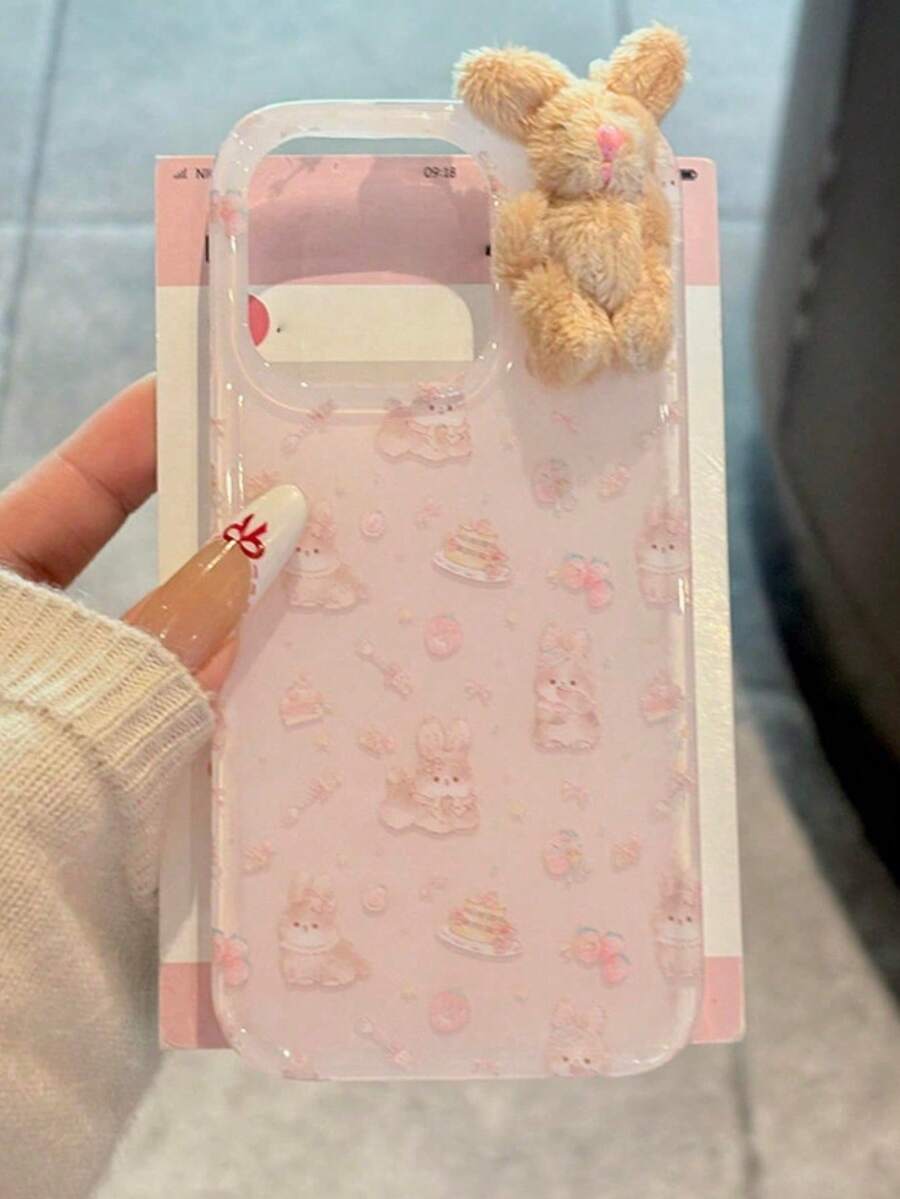1个可爱碎花女孩经典全包软壳手机壳 + 3D粉色格子蝴蝶结棕色兔子，适用于 17 Air 16 15 14 13 12 11 Pro Max Plus