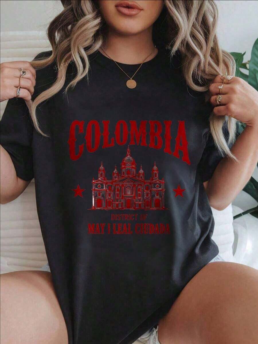 Camiseta Casual Estampada de Moda para Mujer del Distrito de May I Leal Ciudadada, Colombia, Adecuada para Todas las Temporadas  
 -Blanco - Negro - Ver 1