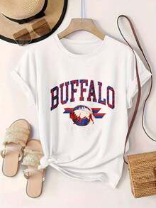 Camiseta Casual de Manga Corta para Mujer - Diseño con el Logo de Buffalo Bison, Cuello Redondo, Top de Verano, Lavable a Máquina, Camisetas para Damas, Ropa Casual, Estilo Moderno, Ajuste Cómodo  
 -Blanco - Blanco - Ver 2