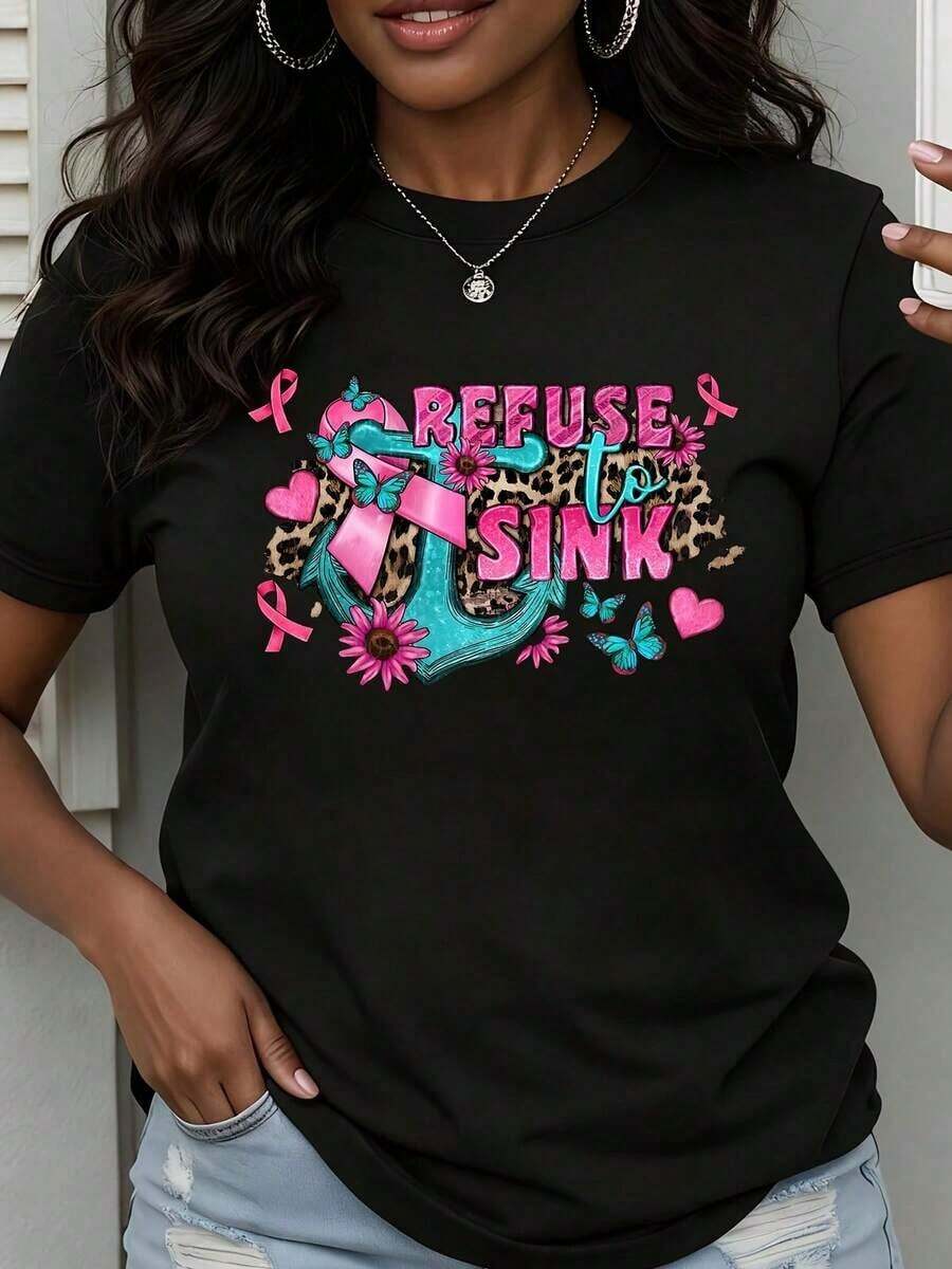 Camiseta de cuello redondo para mujer, diseño de lazo rosa, ancla, estampado de leopardo, flor y mariposa, manga corta, ropa casual para la concientización sobre el cáncer de mama. - Negro - Ver 1