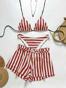 Swim Chiccia Conjunto de shorts y vestido de playa a rayas para vacaciones de mujer - Burdeos - Ver 6